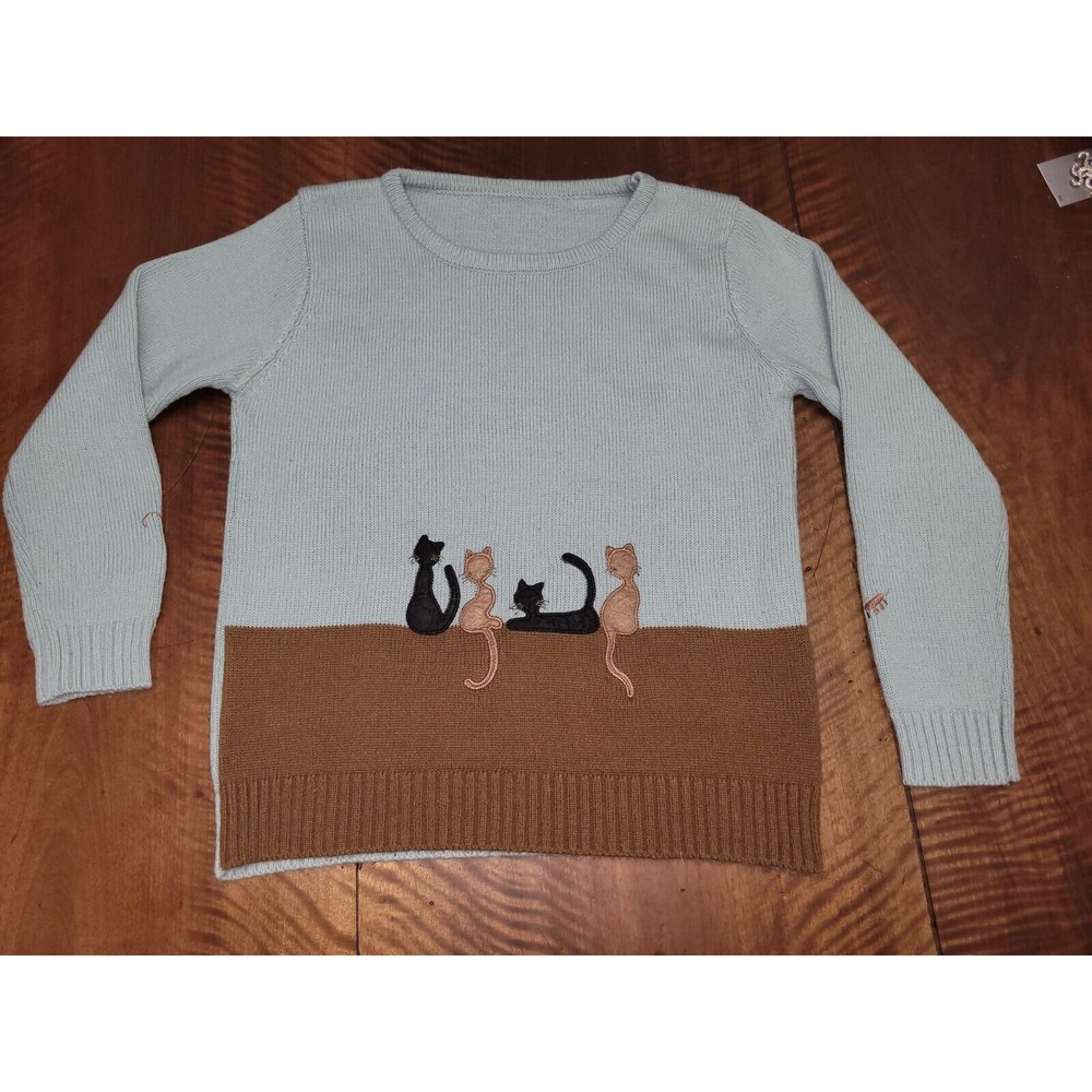 Adorable and Cozy Teal & Brown Cat Embordered Cat Lady Sweater Medium Pullover
